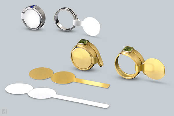 Sonderanfertigung in Gold-Metallic: Etiketten mit runden Beschriftungsfeldern, Ø 17 mm, Schlaufe 25 mm lang, 5 mm breit